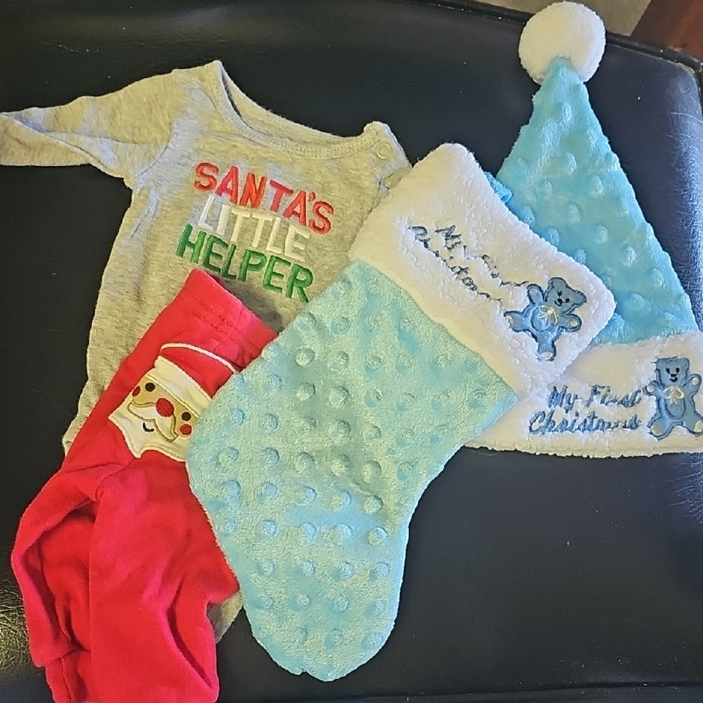My 1st Christmas‎ Stocking & Hat 2pc NB Outfit Santas Little Helper Onesie Pants